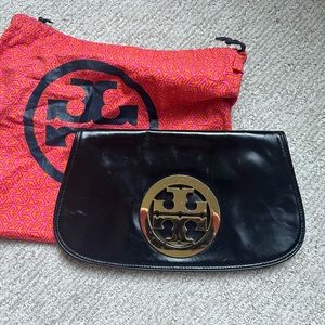 Tory Burch Black Leather Clutch with Gold Medallion